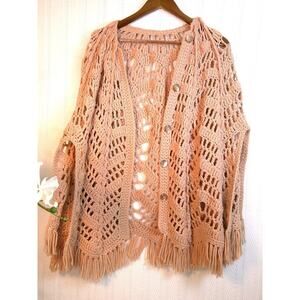 Vintage 70's Handmade Camel Pink Crochet Knit Poncho/Shawl/Cape 2XL